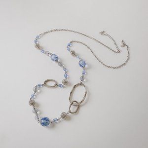 Lia Sophia Pastel Blue Beaded Long Asymmetrical Hoop Silver Chain Necklace